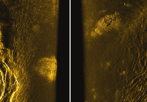 Bull’s eye. Två fartygslämningar på vardera sida sonarens väg över botten. Bokstavligen ett eko från förr. Bild Medins biologi AB.